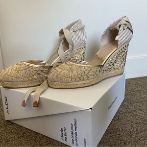 Aldo Gold and Cream Embroidered Espadrille Wedges